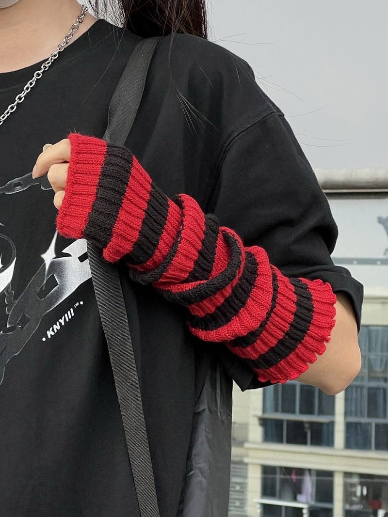 Sumleno Y2k Striped Arm Warmers Long Fingerless Knitted Gloves Punk Gothic Alt Emo Scene Cool Winter Arm Sleeves Grunge Accessories - Image 5